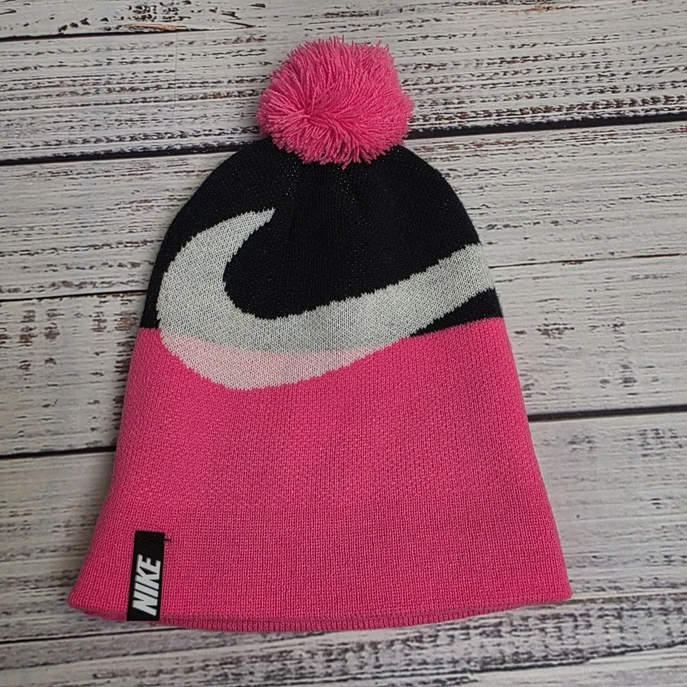 Nike Big Swoosh Knit Beanie Winter Pom Hat Pink White Black Youth‎ Acrylic